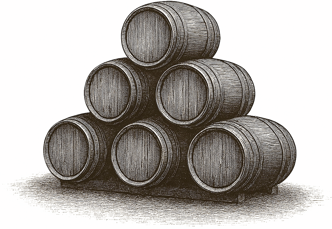 Intaglio etching of stacked oak barrels