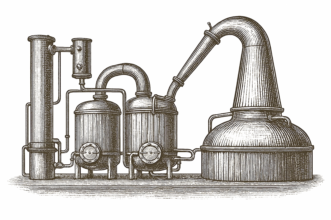 Intaglio etching of a copper pot still