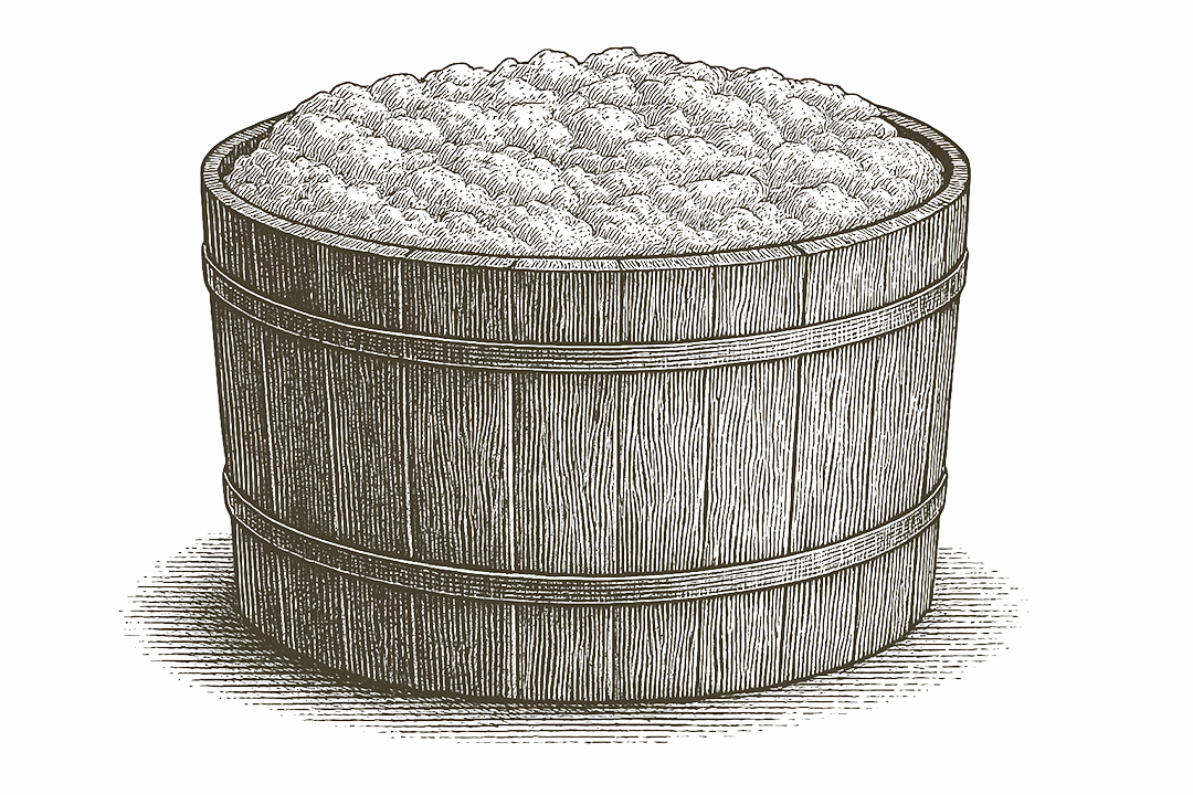 Intaglio etching of a wooden fermentation tub